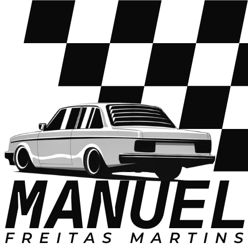 Logo da Manuel Freitas Martins, Lda., com um carro clássico e padrão quadriculado em preto e branco.